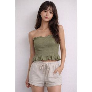 World Together Olive Smocked Tube Top Ruffle Hem Size XL Boho Strapless Top